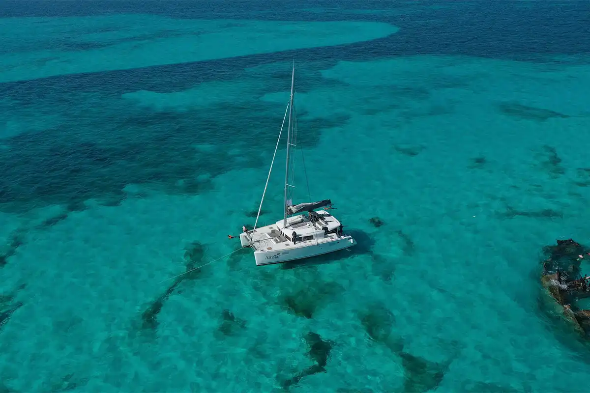 An aerial view of a sailboat from an off-site excursion.